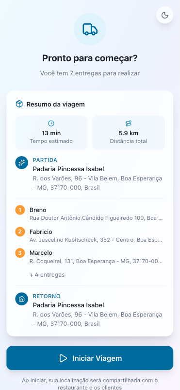Entregador - resumo da viagem